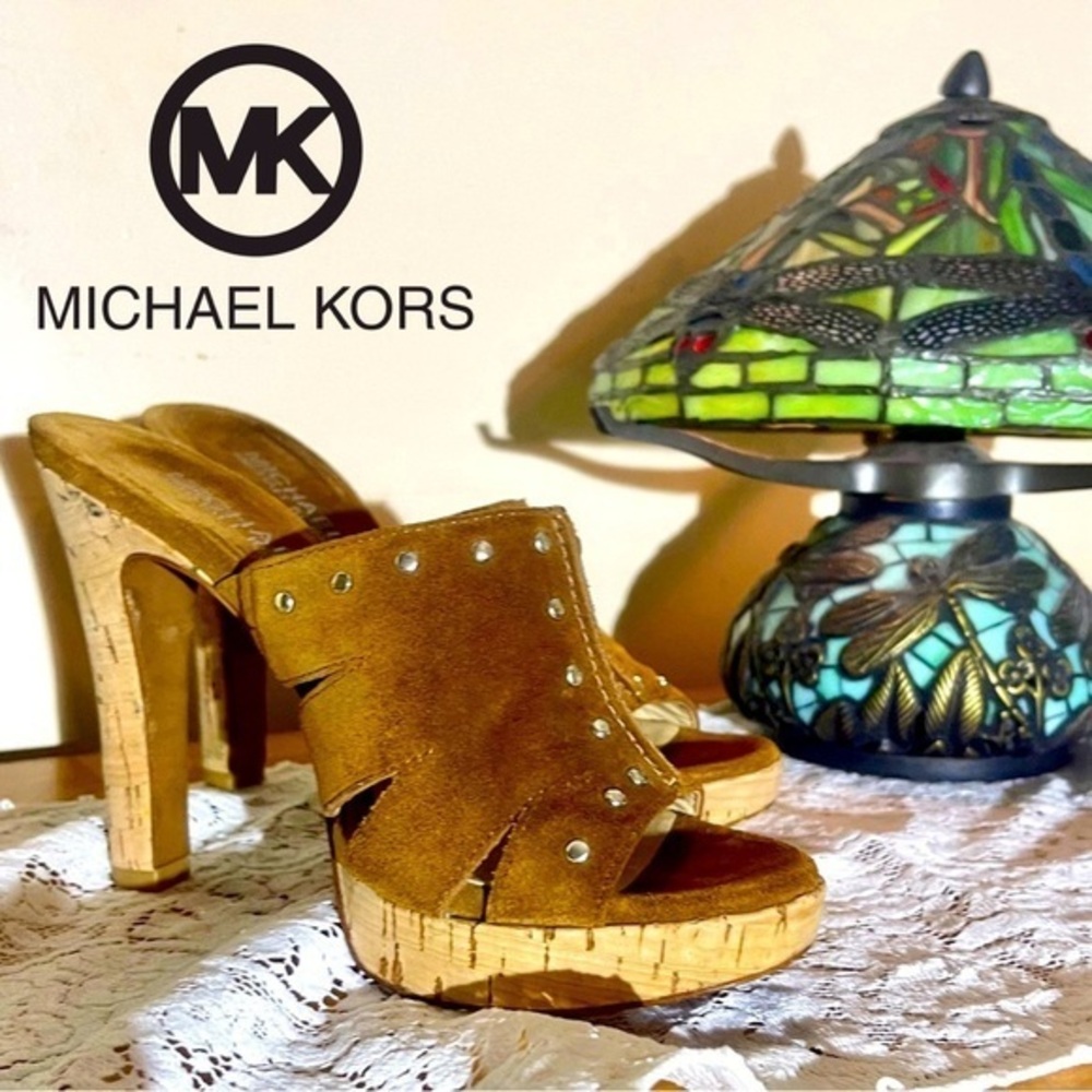 Michael Kors Woodstock heeled & pump slides Suede & Cork in GUC Sz 6